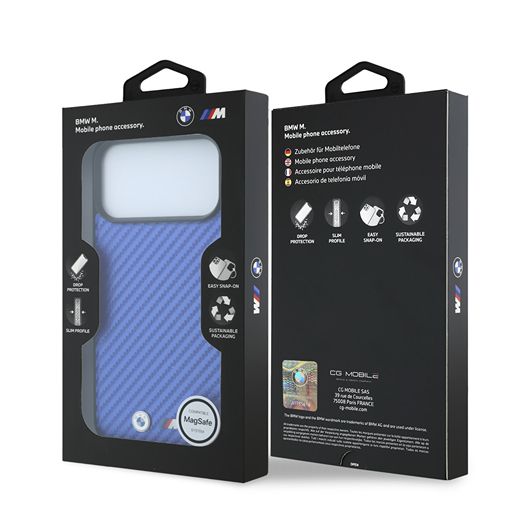 BMW iPhone 18 Pro Max / iPhone 17 Pro Max Hoesje MagSafe - PU - Carbon - harde behuizing - metalen logo’s Blauw Guess