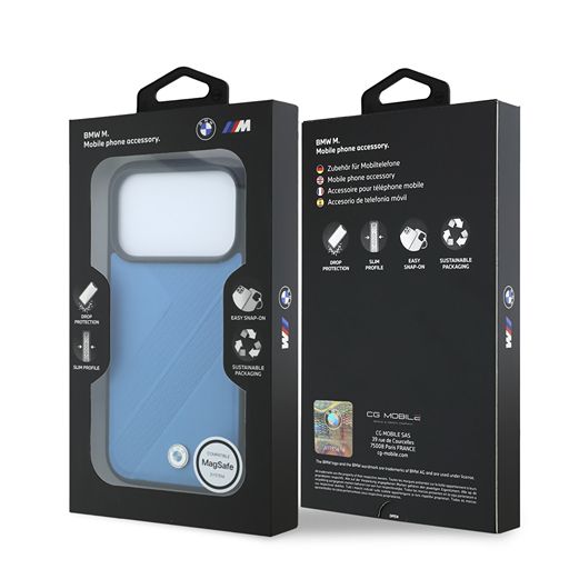 BMW iPhone 18 Pro Max / iPhone 17 Pro Max Hoesje MagSafe - PU - bandenprofiel met structuur - harde behuizing - metalen logo’s Lichtblauw Guess