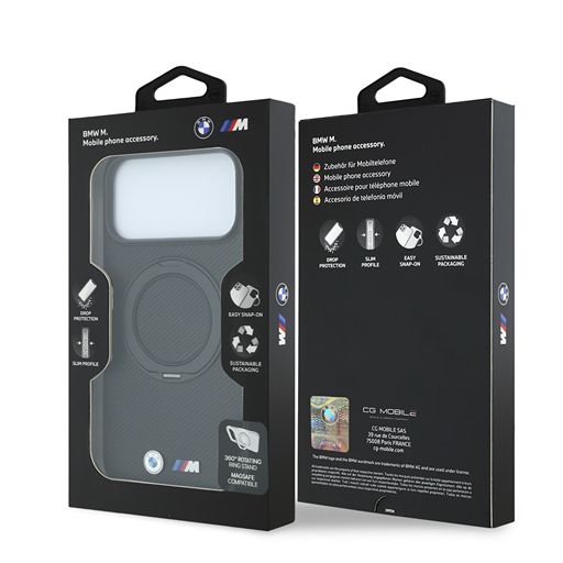 BMW M iPhone 18 Pro Max / iPhone 17 Pro Max Hoesje MagSafe - PU - Kevlar - harde behuizing - ringstandaard - metalen logo’s Zwart Guess