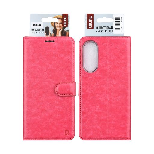 TUNIQ Galaxy S25 Edge Book Case hoesje - Pasjeshouder voor 3 pasjes - Magneetsluiting - Hanger - Felroze