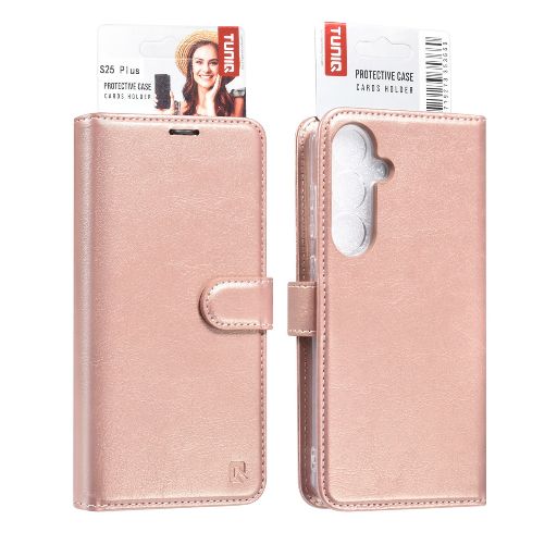 TUNIQ Galaxy S25 Plus Book Case hoesje - Pasjeshouder voor 3 pasjes - Magneetsluiting - Hanger - Rose Gold