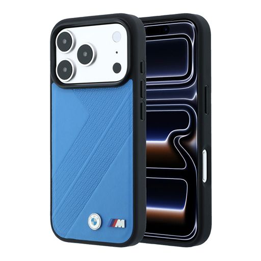 BMW iPhone 18 Pro Max / iPhone 17 Pro Max Hoesje MagSafe - PU - bandenprofiel met structuur - harde behuizing - metalen logo’s Lichtblauw Guess