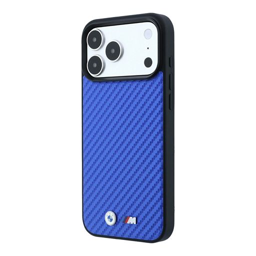 BMW iPhone 18 Pro Max / iPhone 17 Pro Max Hoesje MagSafe - PU - Carbon - harde behuizing - metalen logo’s Blauw Guess