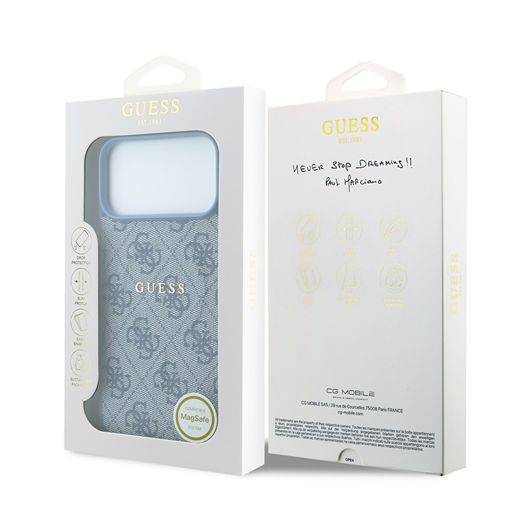 Guess iPhone 18 Pro Max / iPhone 17 Pro Max Hoesje MagSafe - reliëf - 4G - PU - harde behuizing - klassiek logo Lichtblauw Guess