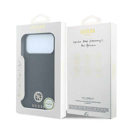 Guess iPhone 18 Pro Max / iPhone 17 Pro Max Hoesje MagSafe - generfd PU - harde behuizing - rond strasslogo Zwart Guess