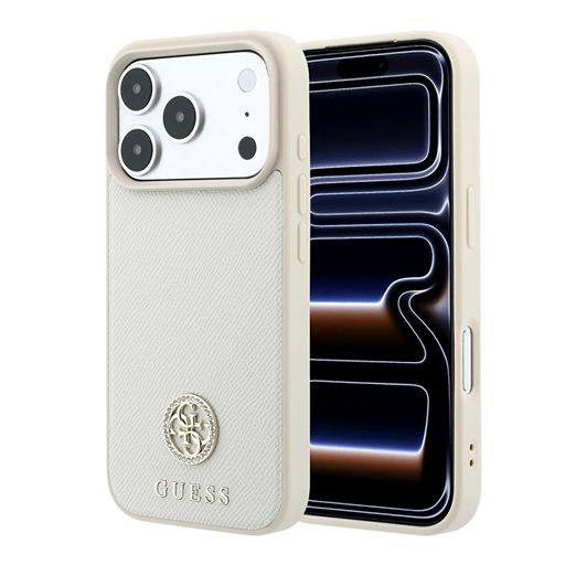 Guess iPhone 18 Pro Max / iPhone 17 Pro Max Hoesje MagSafe - generfd PU - harde behuizing - rond strasslogo Beige Guess