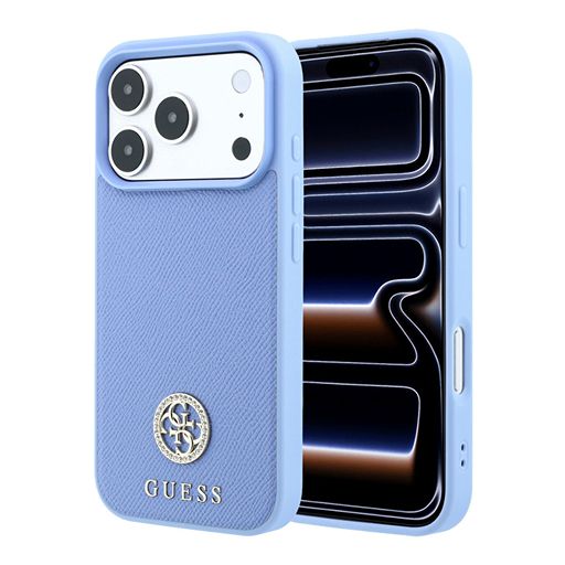 Guess iPhone 18 Pro Max / iPhone 17 Pro Max Hoesje MagSafe - generfd PU - harde behuizing - rond strasslogo Lichtblauw Guess