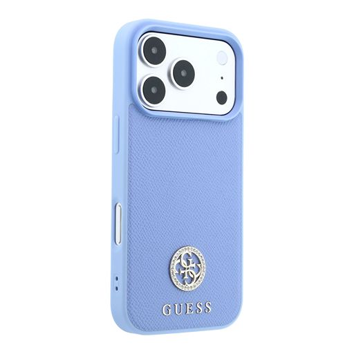 Guess iPhone 18 Pro Max / iPhone 17 Pro Max Hoesje MagSafe - generfd PU - harde behuizing - rond strasslogo Lichtblauw Guess