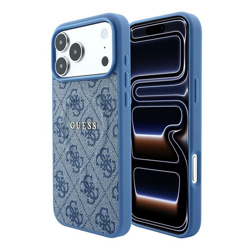 Guess iPhone 18 Pro Max / iPhone 17 Pro Max Hoesje MagSafe - reliëf - 4G - PU - harde behuizing - klassiek logo Lichtblauw Guess