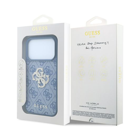 Guess iPhone 18 Pro Max / iPhone 17 Pro Max Hoesje 4G - PU - harde behuizing - groot strasslogo Lichtblauw Guess