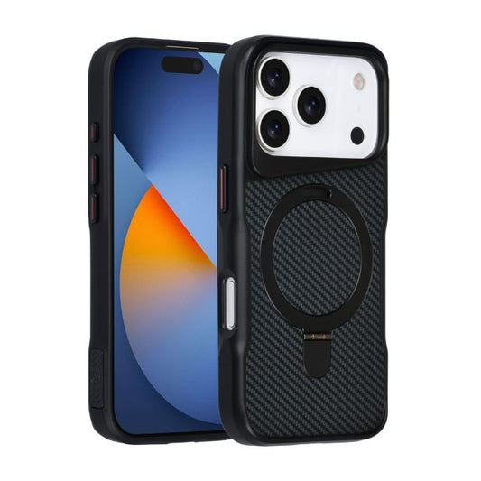 iPhone 17 Pro Backcover hoesje - Magsafe With Ring Stand - Carbon Fiber - Zwart