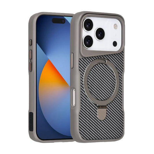 iPhone 17 Pro Backcover hoesje - Magsafe With Ring Stand - Carbon Fiber - Zilver