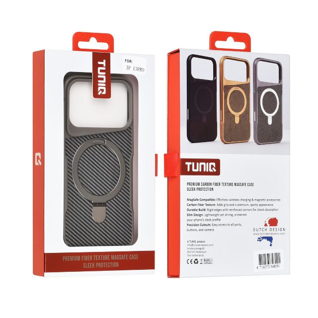 iPhone 17 Pro Backcover hoesje - Magsafe With Ring Stand - Carbon Fiber - Zilver TUNIQ