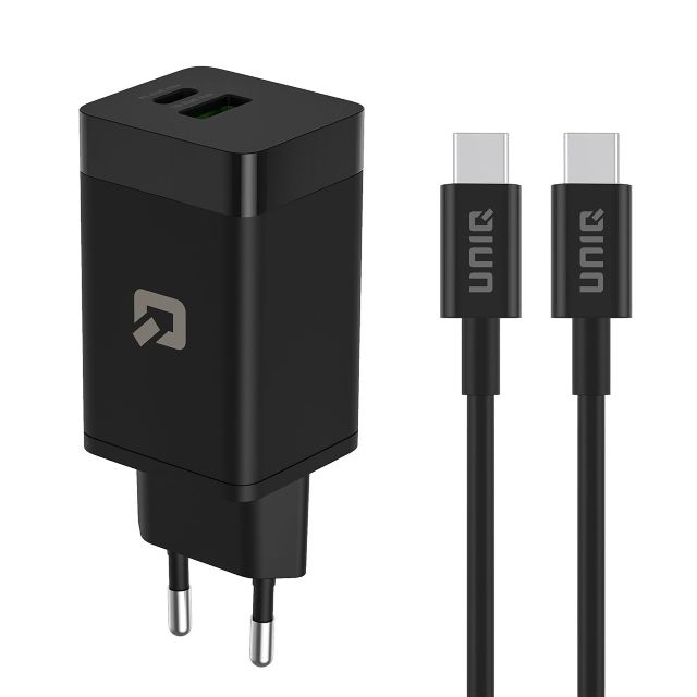 TUNIQ PD 45W GaN thuislader - dual poort met USB-C naar USB-C kabel - Zwart