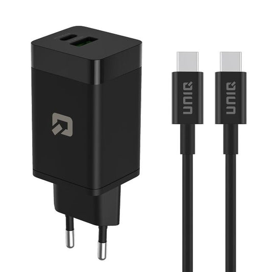 TUNIQ PD 45W GaN thuislader - dual poort met USB-C naar USB-C kabel - Zwart