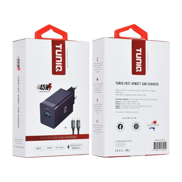 TUNIQ PD 45W GaN thuislader - dual poort met USB-C naar USB-C kabel - Zwart
