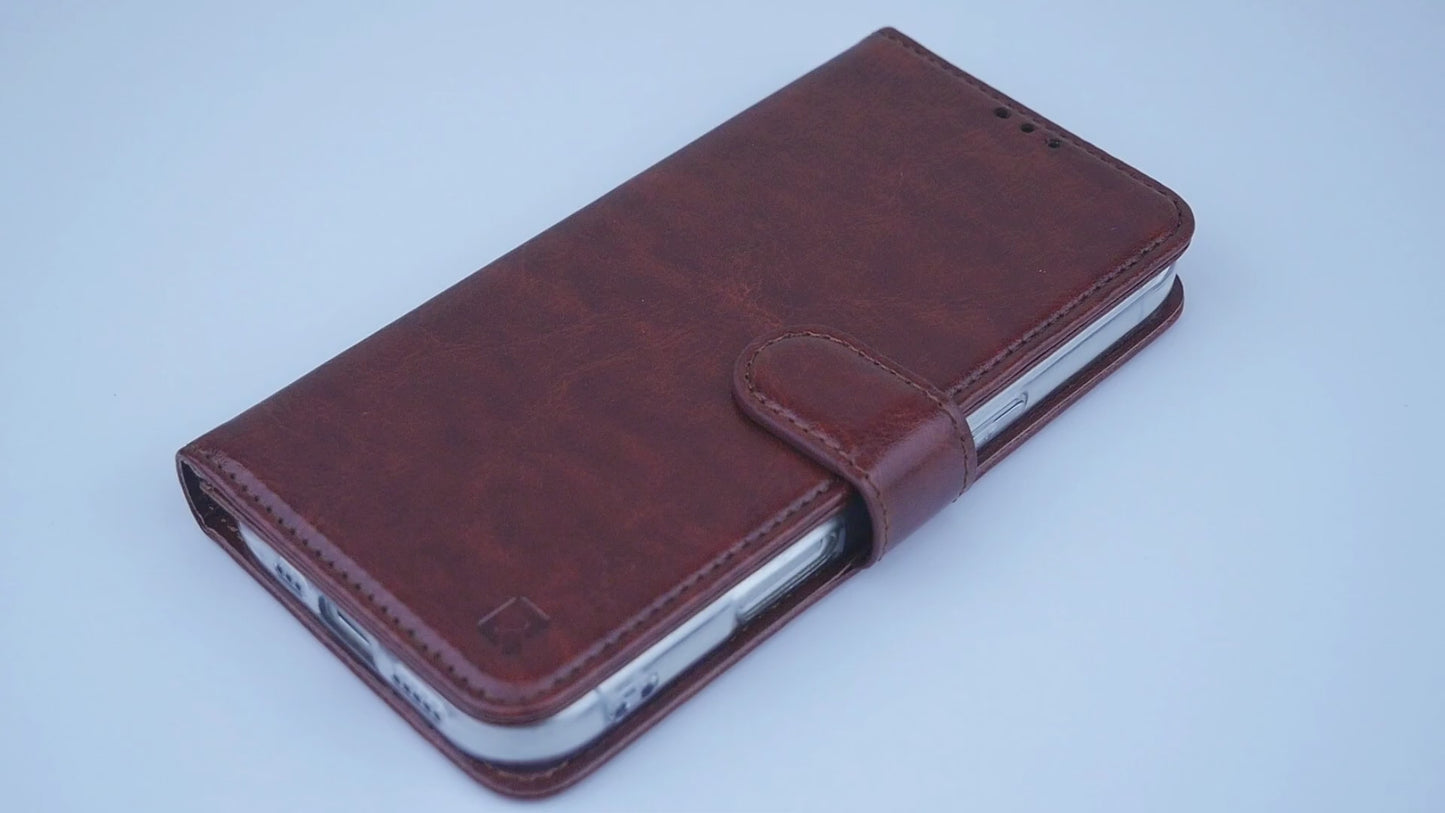 TUNIQ Galaxy S25 Book Case hoesje - Pasjeshouder voor 3 pasjes - Hanger - Bruin