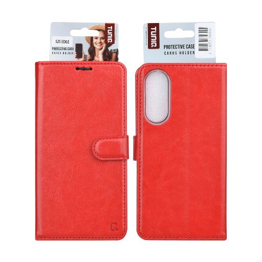 TUNIQ Galaxy S25 Edge Book Case hoesje - Pasjeshouder voor 3 pasjes - Magneetsluiting - Hanger - Rood