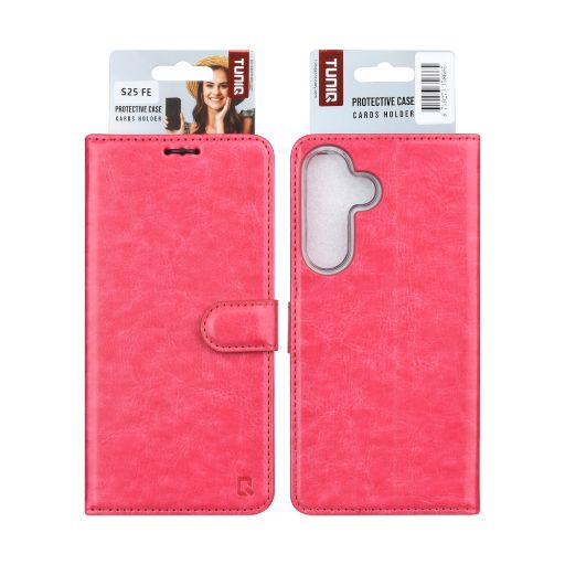 TUNIQ Galaxy S25 FE Book Case hoesje - Pasjeshouder voor 3 pasjes - Magneetsluiting - Hanger - Felroze