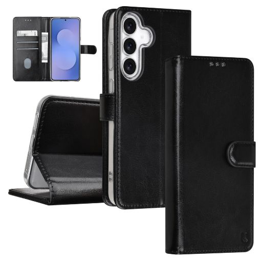 TUNIQ Galaxy S25 FE Book Case hoesje - Pasjeshouder voor 3 pasjes - Magneetsluiting - Hanger - Zwart
