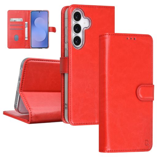 TUNIQ Galaxy S25 FE Book Case hoesje - Pasjeshouder voor 3 pasjes - Magneetsluiting - Hanger - Rood