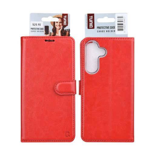 TUNIQ Galaxy S25 FE Book Case hoesje - Pasjeshouder voor 3 pasjes - Magneetsluiting - Hanger - Rood
