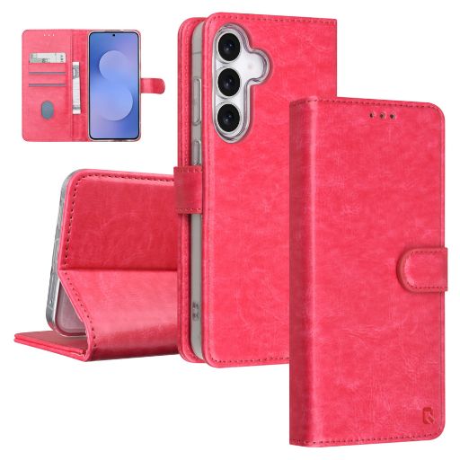 TUNIQ Galaxy S25 FE Book Case hoesje - Pasjeshouder voor 3 pasjes - Magneetsluiting - Hanger - Felroze