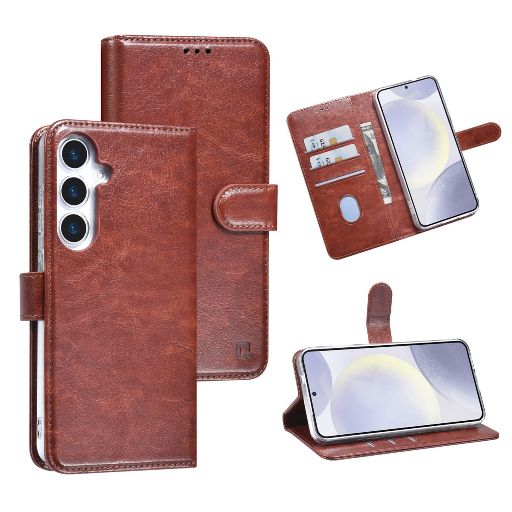 TUNIQ Galaxy S25 Book Case hoesje - Pasjeshouder voor 3 pasjes - Hanger - Bruin