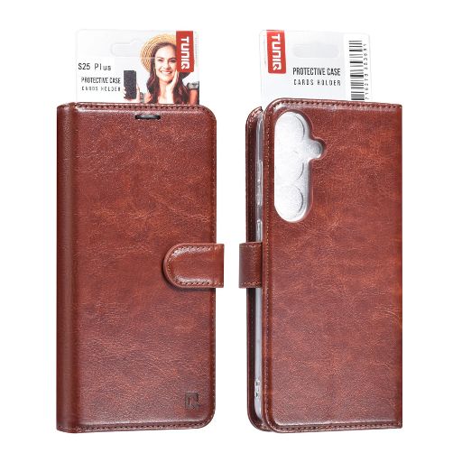 TUNIQ Galaxy S25 Plus Book Case hoesje - Pasjeshouder voor 3 pasjes - Magneetsluiting - Hanger - Bruin