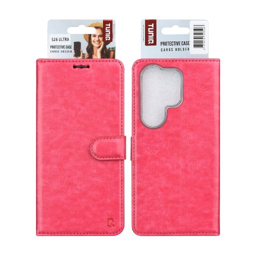 TUNIQ Galaxy S26 Ultra Book Case hoesje - Pasjeshouder voor 3 pasjes - Magneetsluiting - Hanger - Felroze